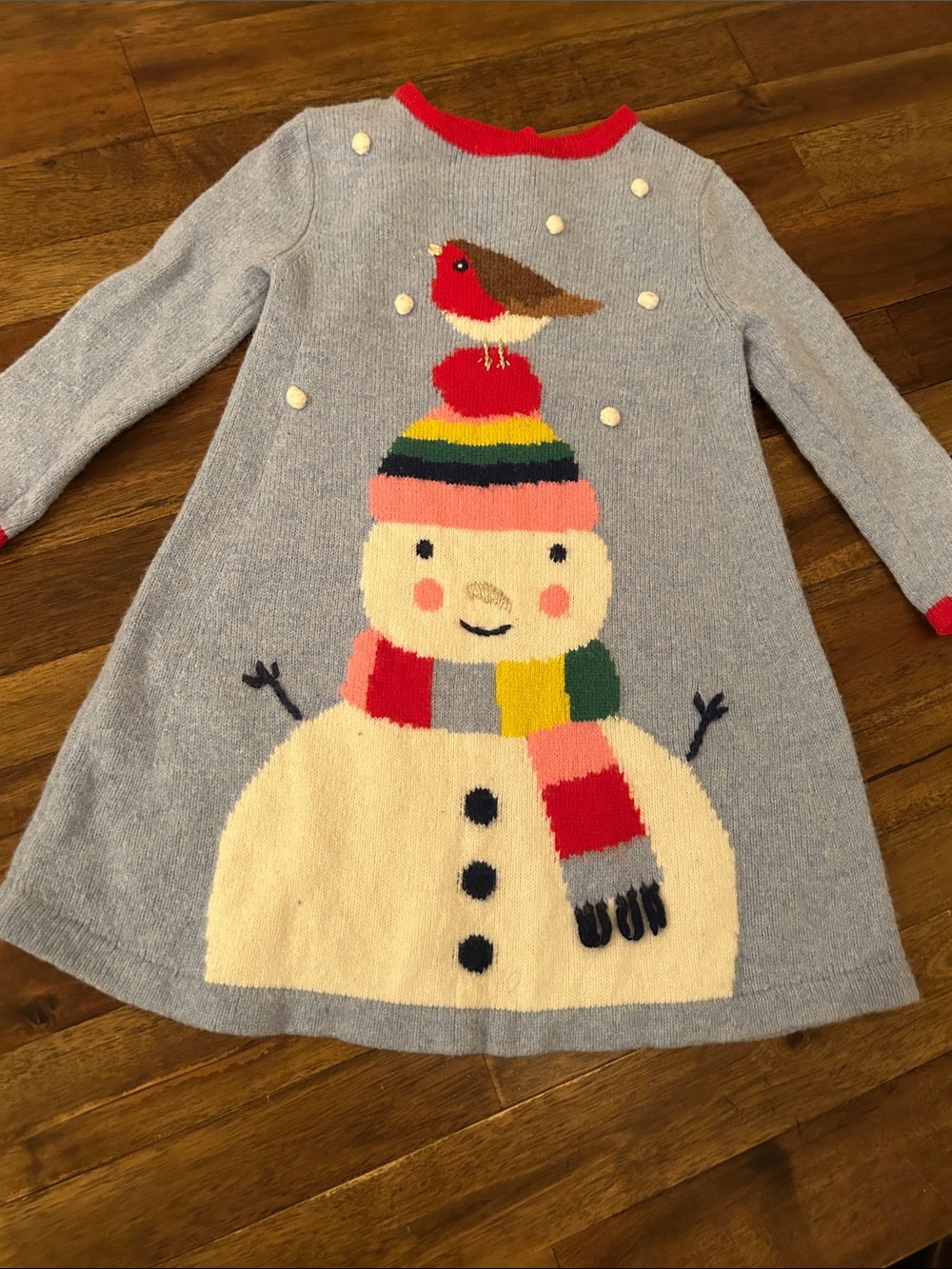 Baby Boden Light Blue Knit Dress with Red Trim and Multicolor Snowman